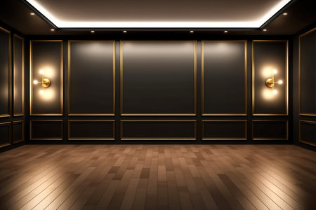 Luxury background of an elegant empty modern room with expensive wood floor and walls with golden edges Generative AI Illustration.の素材