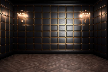 Luxury background of an elegant interior modern room with wood floor and luxurious patterned walls Generative AI Illustration.の素材