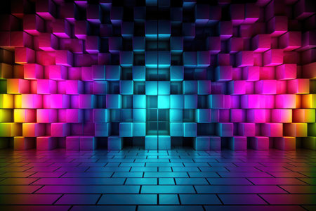 Abstract colorful background wall for photography with mosaic floor and 3D cube shapes wall Generative AI Illustration.の素材