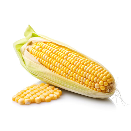 Fresh raw cob of corn with green leaves for recipe cooking white background Generative AI Illustration.の素材