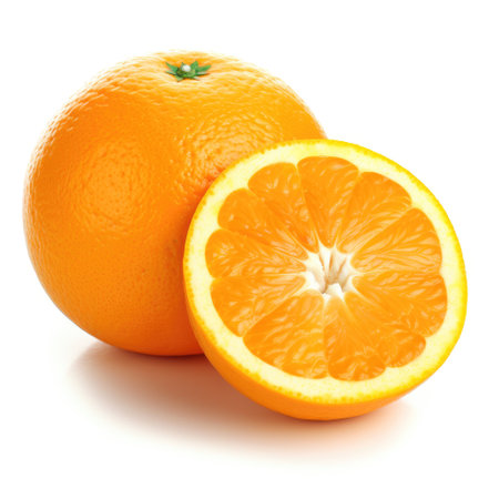 Isolated whole organic fresh orange and an orange cut in half with white background Generative AI Illustration.の素材