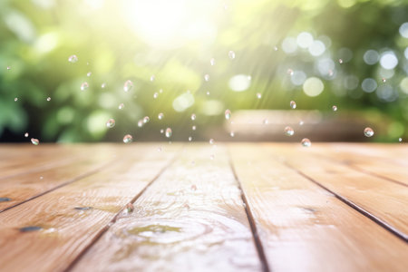 Rain environment with wet rustic wood floor and blurred garden nature tree and plants in the background Generative AI Illustration.の素材
