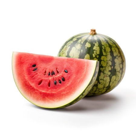 Organic ripe raw fresh whole watermelon and big slice on white background Generative AI Illustration.の素材
