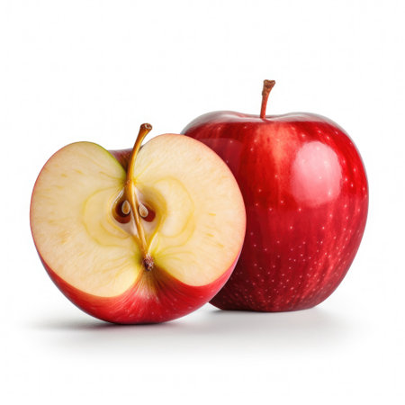 A fresh raw organic red apple and half a cut mace for recipes on white background Generative AI Illustration.の素材