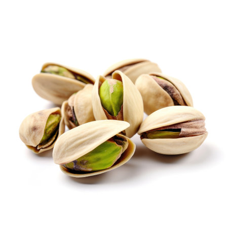Green organic raw fresh pistachio on white background Generative AI Illustration.の素材