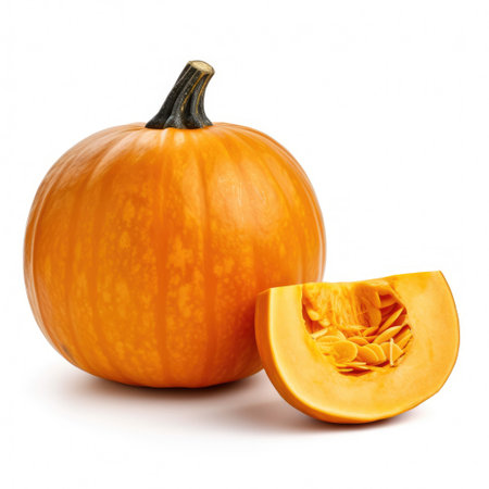 Raw organic whole pumpkin and sliced pumpkin on white background Generative AI Illustration.の素材
