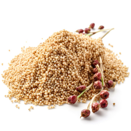 Pile of organic ripe raw golden quinoa on white background Generative AI Illustration.の素材