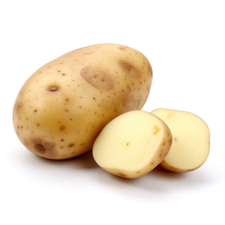 A healthy fresh raw organic potato and slices on white background Generative AI Illustration.の素材