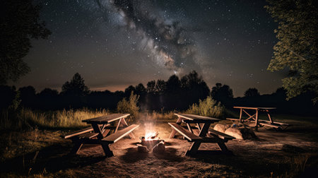 Outdoor camping tables and fireplace under a starry night warm sky peaceful place Generative AI Illustration.の素材