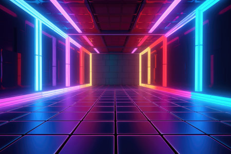 Sci-fi futuristic background wall tunnel with glowing neon lighting effects Generative AI Illustration.の素材