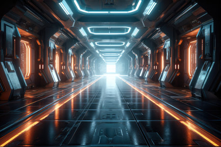 Sci-fi futuristic background tunnel with glowing neon multi color lighting effects Generative AI Illustration.の素材