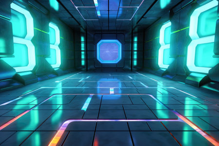 Sci-fi futuristic background wall spaceship tunnel with glowing neon lights effects Generative AI Illustration.の素材