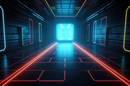 Sci-fi futuristic background wall spaceship corridor with glowing neon lighting effects Generative AI Illustration.の素材