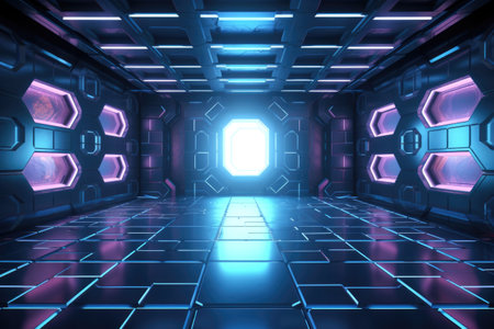 Sci-fi futuristic background wall spaceship tunnel with glowing neon lighting effects Generative AI Illustration.の素材