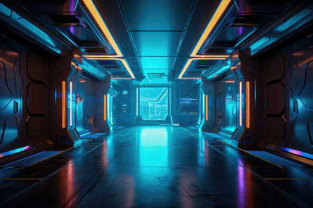 Sci-fi futuristic background tunnel wallpaper with glowing neon multi color lighting effects Generative AI Illustration.の素材