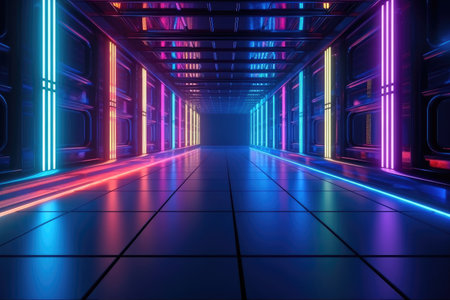 Sci-fi futuristic background wall spaceship tunnel with glowing neon multi color lighting effects Generative AI Illustration.の素材