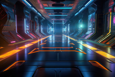 Sci-fi futuristic background wall tunnel with glowing neon multi color light effects Generative AI Illustration.の素材