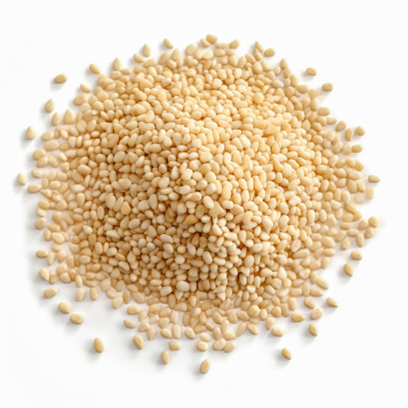 Dried organic sesame seeds rich in calcium on white background Generative AI Illustration.の素材