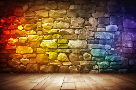 Retro background photo scenario with wood floor and stones wall and multi color lighting effects Generative AI Illustration.の素材