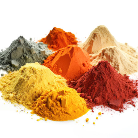 Set of different pile types of organic powder spices on white background Generative AI Illustration.の素材
