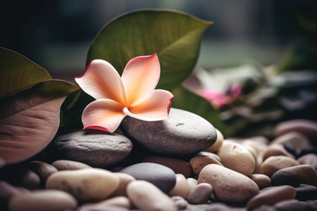 Pink flower and mix of pebble stones and bokeh blurred nature background spa environment Generative AI Illustration.の素材