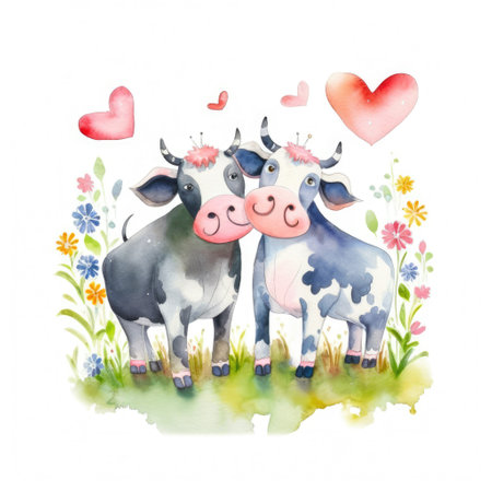 Watercolor painting of a couple of cows in love in nature with flowers kids style Generative AI Illustration.の素材