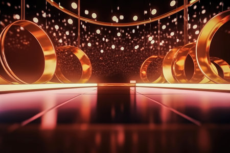Scenery stage with fashion background with golden ornaments and lighting effects Generative AI Illustration.の素材