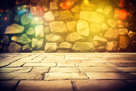Retro background photo scenario with stones floor and stones wall and multicolor lighting effects Generative AI Illustration.の素材