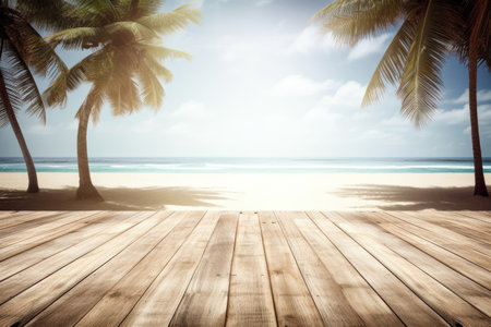 Beach blurred background with wooden floor and tropical palm trees summertime vacations Generative AI Illustration.の素材