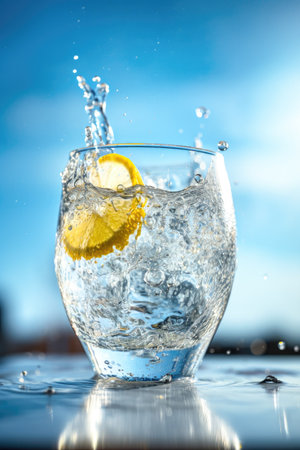 A slice of lemon falling into a glass of fresh water Generative AI Illustration.の素材