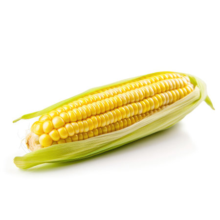 Fresh raw organic cob of corn with green leaves for recipe cooking with white background Generative AI Illustration.の素材