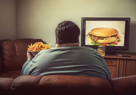 An obese man sitting on the couch eating fast food and watching television bad health habits Generative AI Illustration.の素材