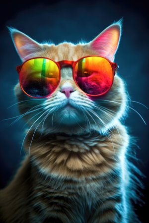 Retro style cat with sunglasses lens with tropical colors summertime Generative AI Illustration.の素材