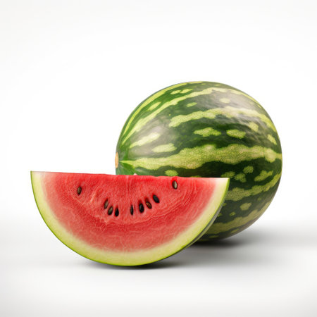Fresh organic ripe raw whole watermelon and slice on white background Generative AI Illustration.の素材