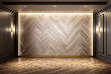Luxury background of an elegant interior modern room with wooden floor and walls Generative AI Illustration.の素材