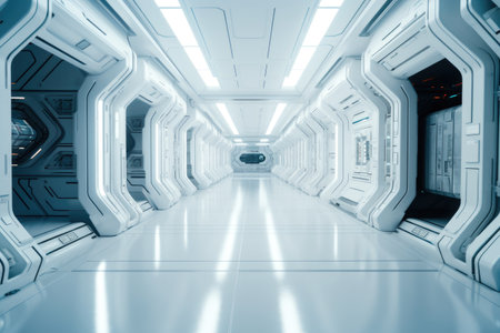 Futuristic sci-fi wall background wall spaceship interior tunnel with glowing white lighting effects Generative AI Illustration.の素材