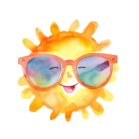 Water colored painting illustration of a sun with sunglasses summertime kids vacations on white background Generative AI.の素材