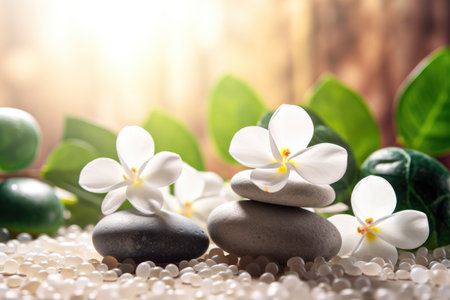 White flowers grey pebble stones and bokeh blurred green nature background spa environment Generative AI Illustration.の素材
