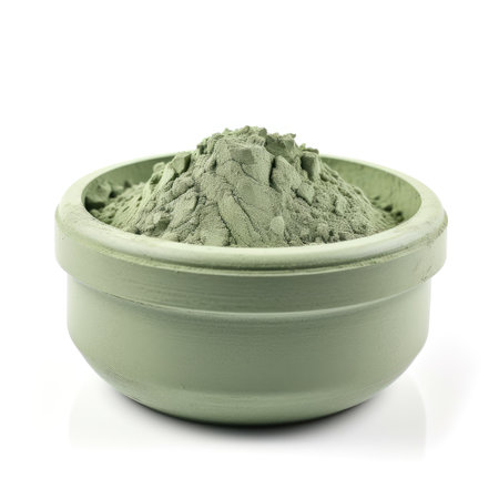Super fine organic green clay powder in a green clay bowl on white background Generative AI Illustration.の素材