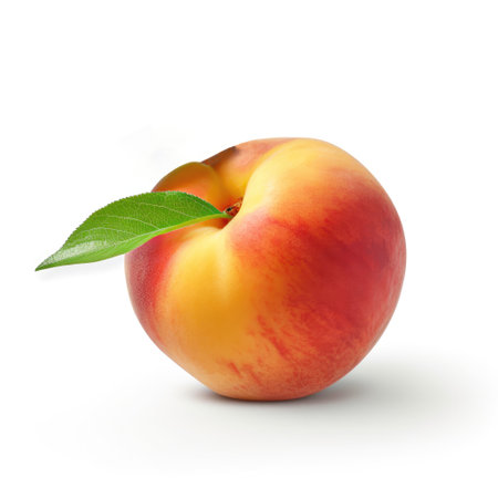 A raw organic peach touched with a green leaf ingredient for a fruit salad with white background Generative AI Illustration.の素材