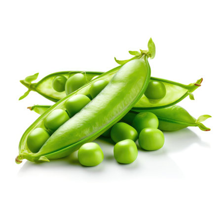 Fresh organic raw peas pods and berries on white background Generative AI Illustration.の素材