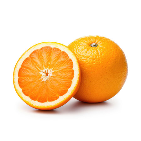 A isolated whole organic fresh orange and an orange cut in half with white background Generative AI Illustration.の素材