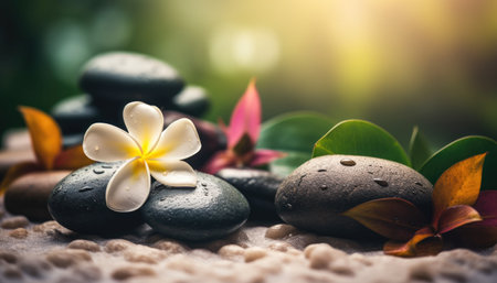 White flower black pebble stones and bokeh blurred green nature background spa environment Generative AI Illustration.の素材