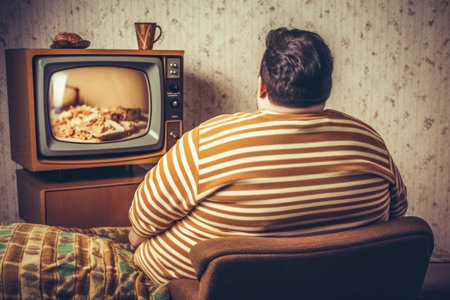An obese man sitting on the couch watching television sedentary bad health habits Generative AI Illustration.の素材