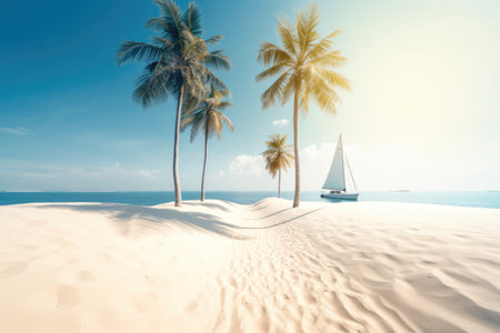 Beach background with sand floor and tropical palm trees and a sailboat in summertime vacations Generative AI Illustration.の素材