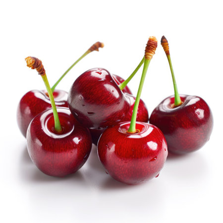 A group of raw fresh organic ripe cherries with white background Generative AI Illustration.の素材