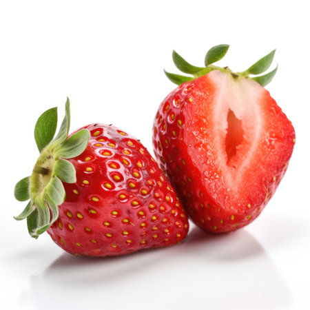 Raw organic ripe fresh red strawberries set on white background Generative AI Illustration.の素材