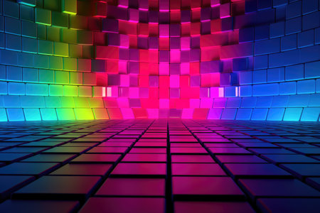 Abstract colorful background wall for photography with tile floor and 3D cube shapes wall Generative AI Illustration.の素材