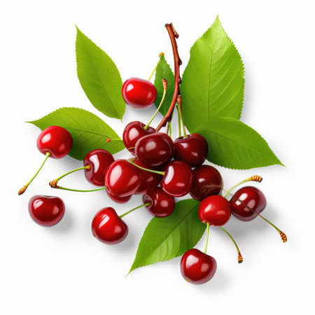 A group of fresh raw organic ripe cherries and green leaves with white background Generative AI Illustration.の素材