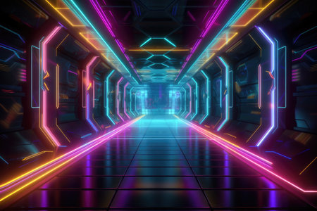 Sci-fi futuristic background wall tunnel with glowing neon lighting effects Generative AI Illustration.の素材
